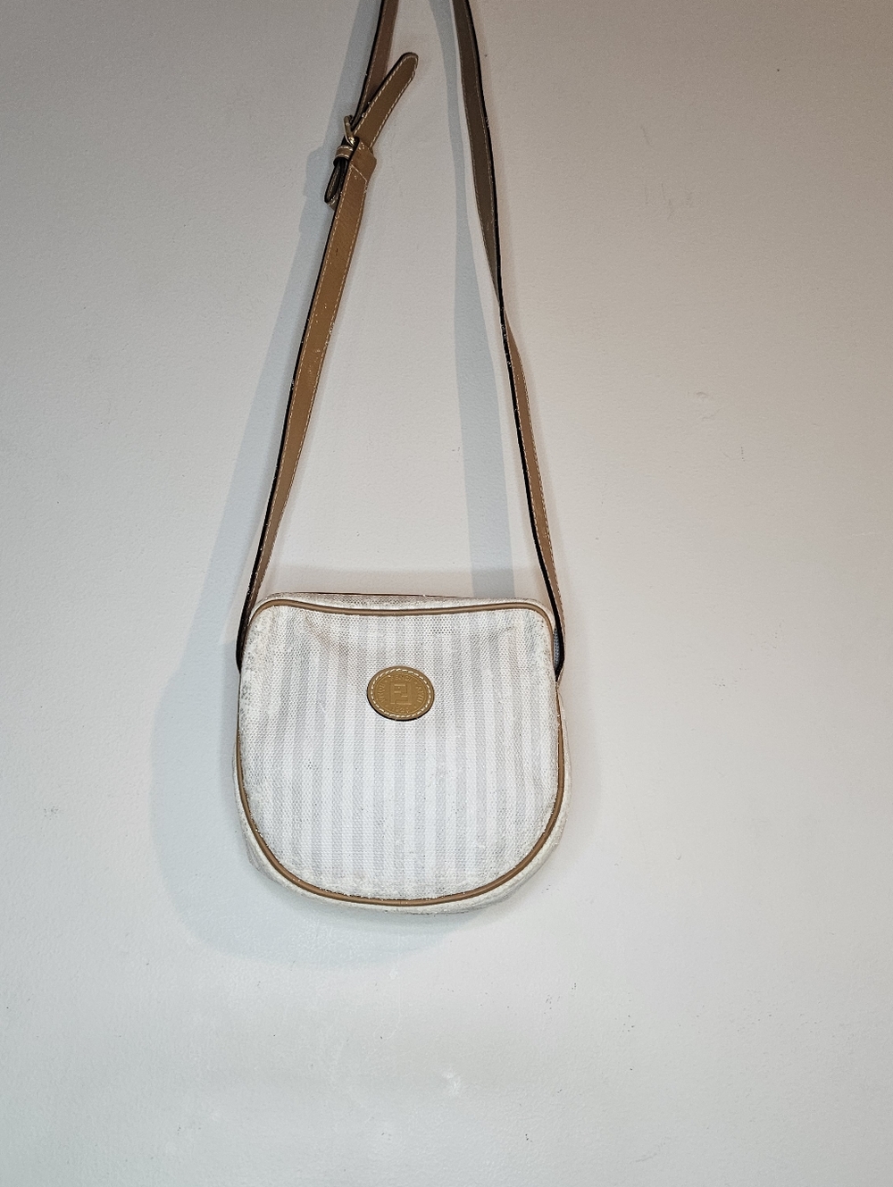 Authentic Vintage Fendi Striped Logo Canvas & Leather Crossbody Shoulder Y2K